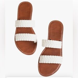 Women’s Braided White Strap Slide Sandals Flat Summer Beach Slip-On Dual Strap
